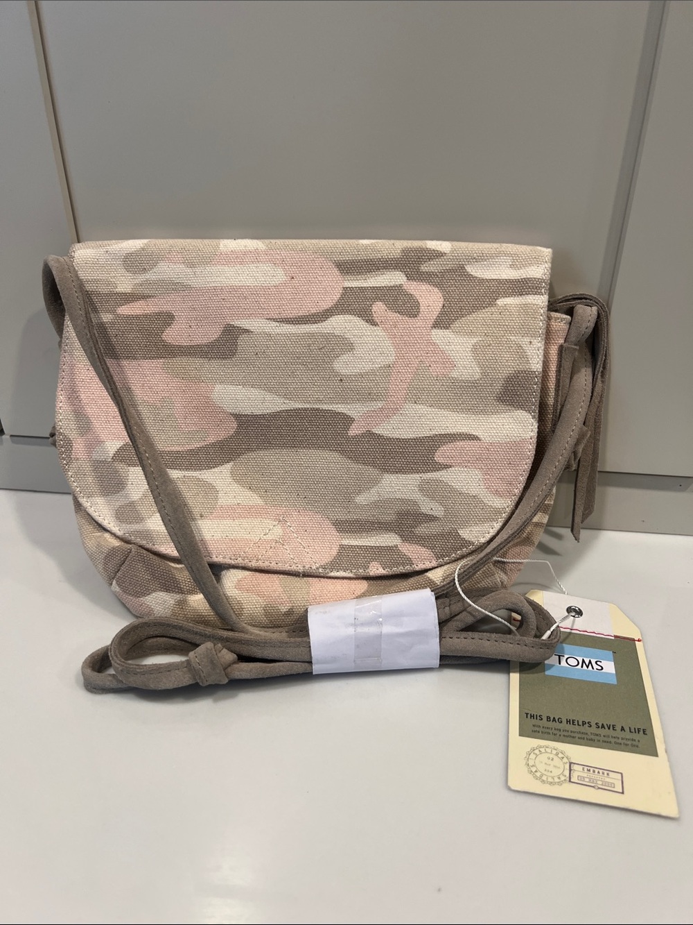 TOMS Pink and Beige Camo Crossbody Purse